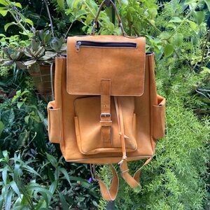 Natural leather vintage Multi Pocket Backpack drawstring pockets